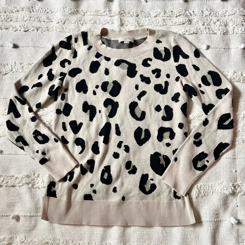 LOFT Leopard Jacquard Beige/Metallic Gold Sweater size xsmall - Picture 1 of 9